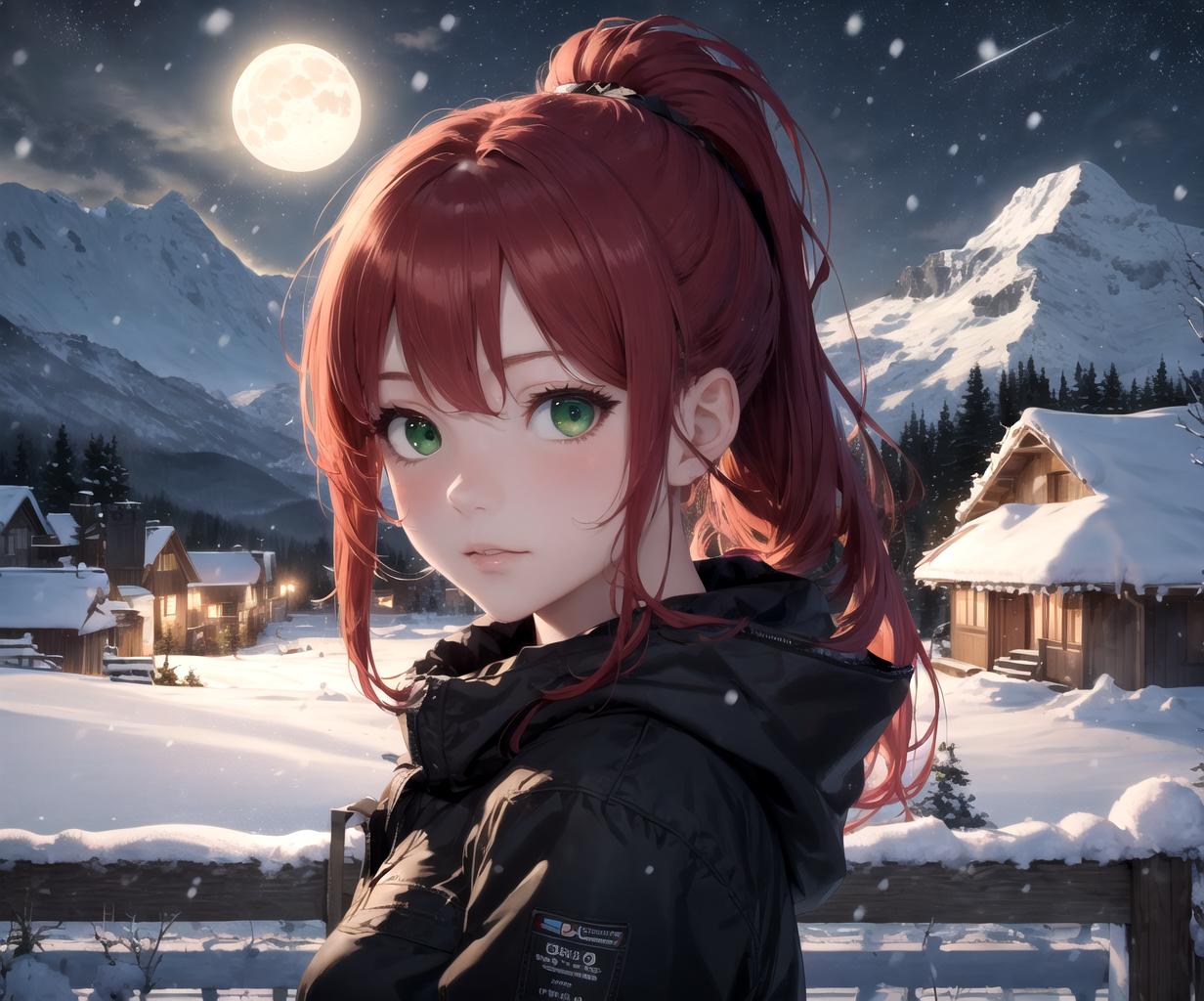 masterpiece, best quality, 1girl, red hair, ponytail, green eyes, looking at viewer, snowing, night, cold, night sky, moon...